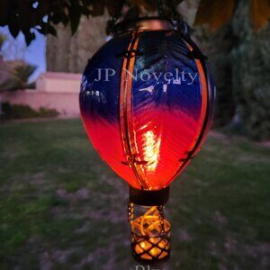Blue-Glass/Metal Hot Air Balloon With Flickering Solar Light , Garden Decor